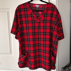 NWOT White Cross Red & Black Plaid V-Neck Short-sleeve Scrub Top Size 2XL